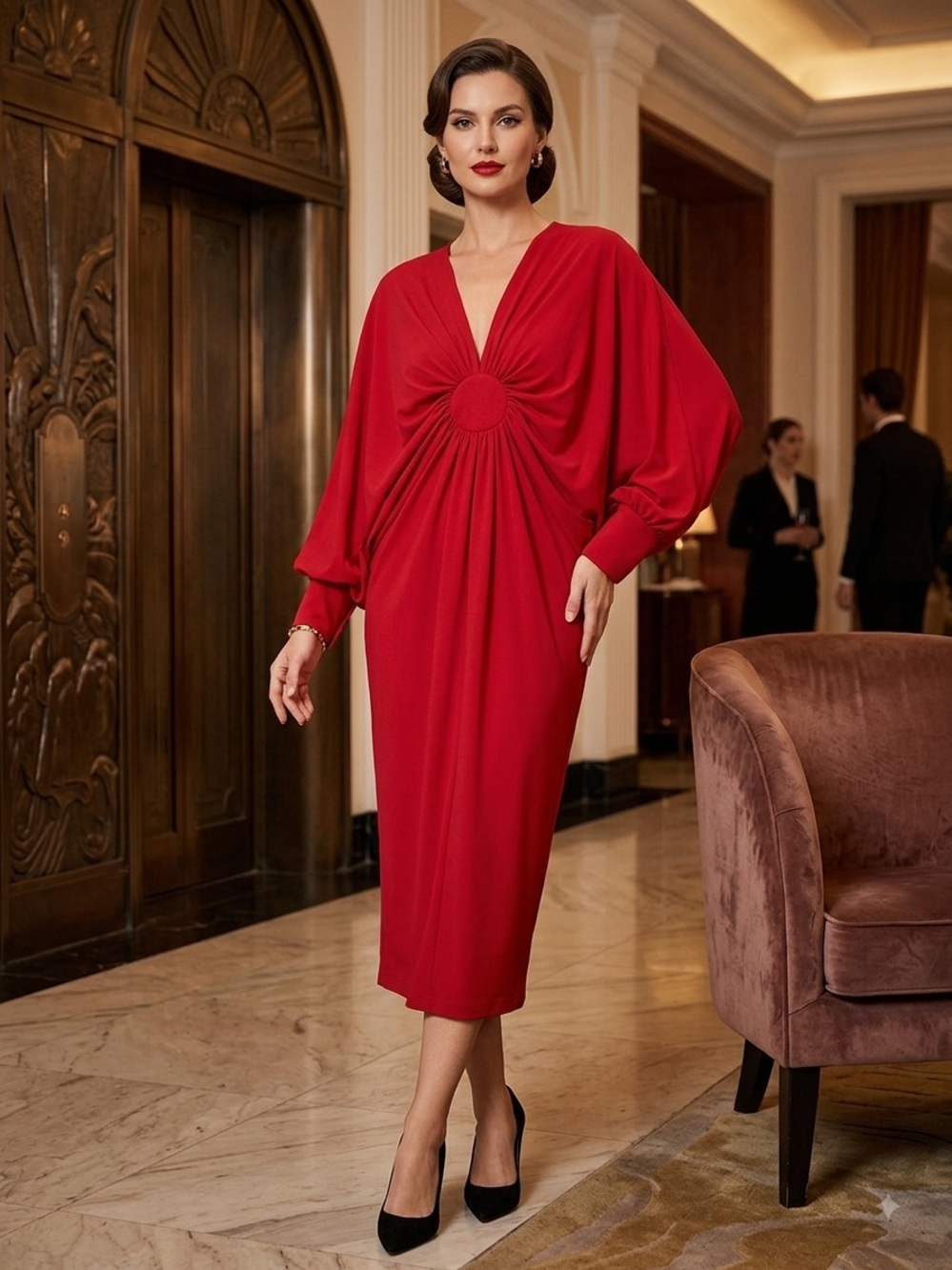 Beulah Red V-Neck Midi Dress with Gathered Medallion